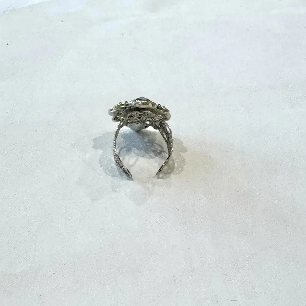 Vintage Silver‎ Tone Costume Jewelry Ring One Size Green Stone Adjustable